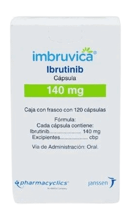 Imbruvica Ibrutinib 140 mg, cápsulas para tratamiento de cáncer, medicamento oncológico de Janssen.