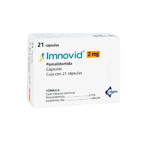 1. Cápsulas de Imnovid 2 mg para tratamiento de Pomalidomida, caja con 21 cápsulas.