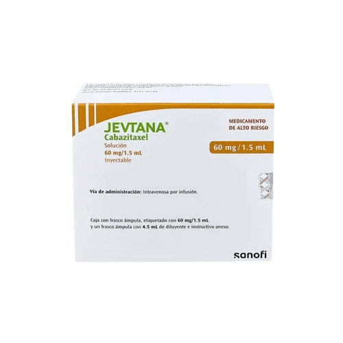 Ampolla de medicamento JEvtana cabazitaxel para tratamientos oncológicos, alto riesgo, 60 mg/1.5 mL.