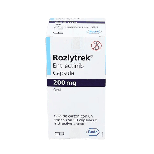 1. Cápsulas de Rozlytrek 200 mg, medicamento para el tratamiento del cáncer, en caja de cartón.