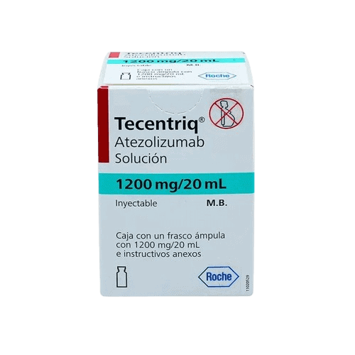 1. Ampolla de Tecentriq 1200 mg/20 mL, medicamento para uso intravenoso.